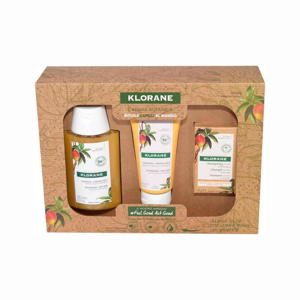 Klorane Cofanetto Rituale Capelli Secchi al Mango Shampoo 100ml + Balsamo 50ml + Shampoo Solido 80g
